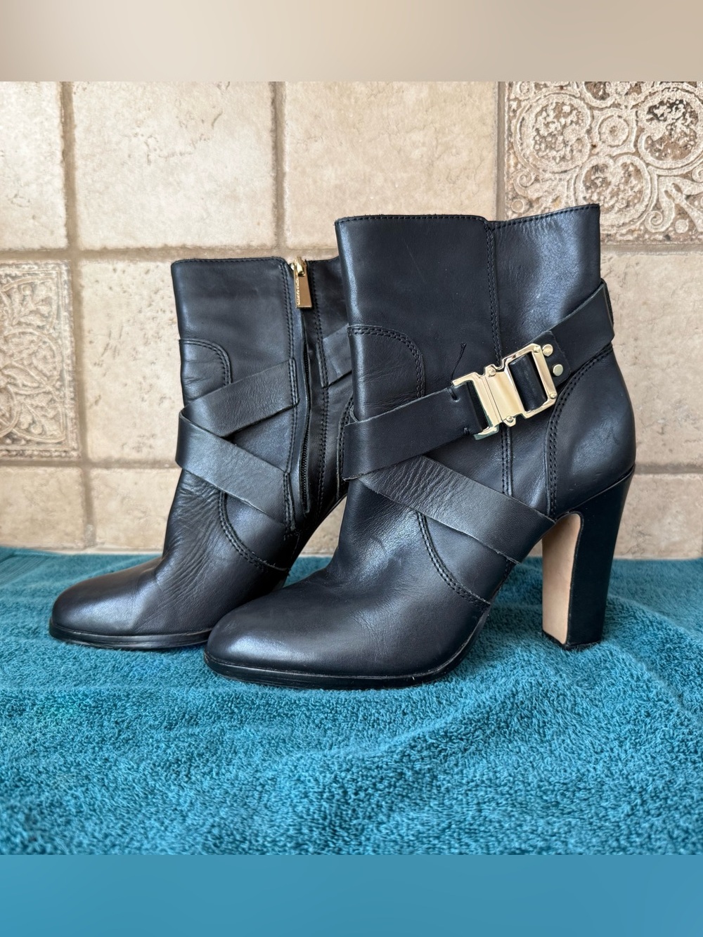 Vince Camuto Connolly Black Leather High-Heel Ankle Boots with Gold Buckle